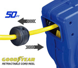 Goodyear Extension Cord Reel Retractable 16AWG x 50' Foot 3C/SJTOW Commercial Cable LED Triple Tap Connector Power 10A 125VAC 938W Goodyear