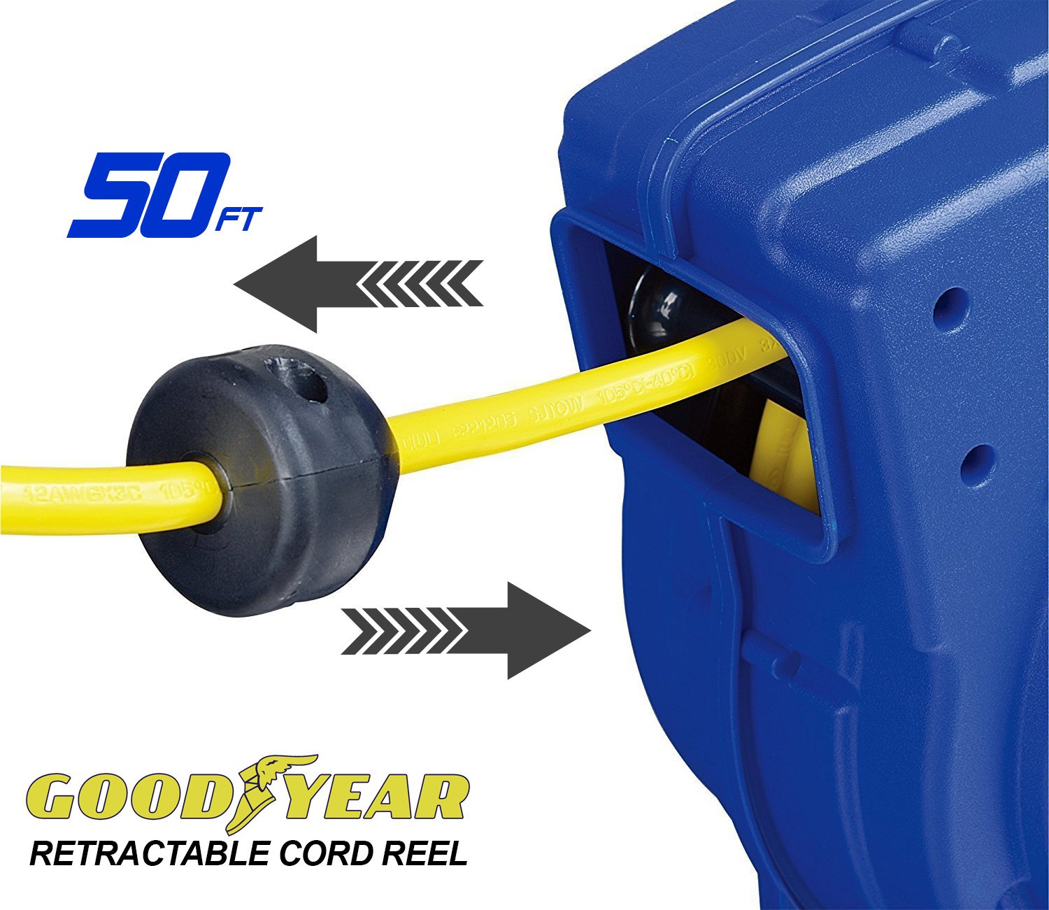 Goodyear Extension Cord Reel Retractable 16AWG x 50' Foot 3C/SJTOW Commercial Cable LED Triple Tap Connector Power 10A 125VAC 938W - WoodArtSupply