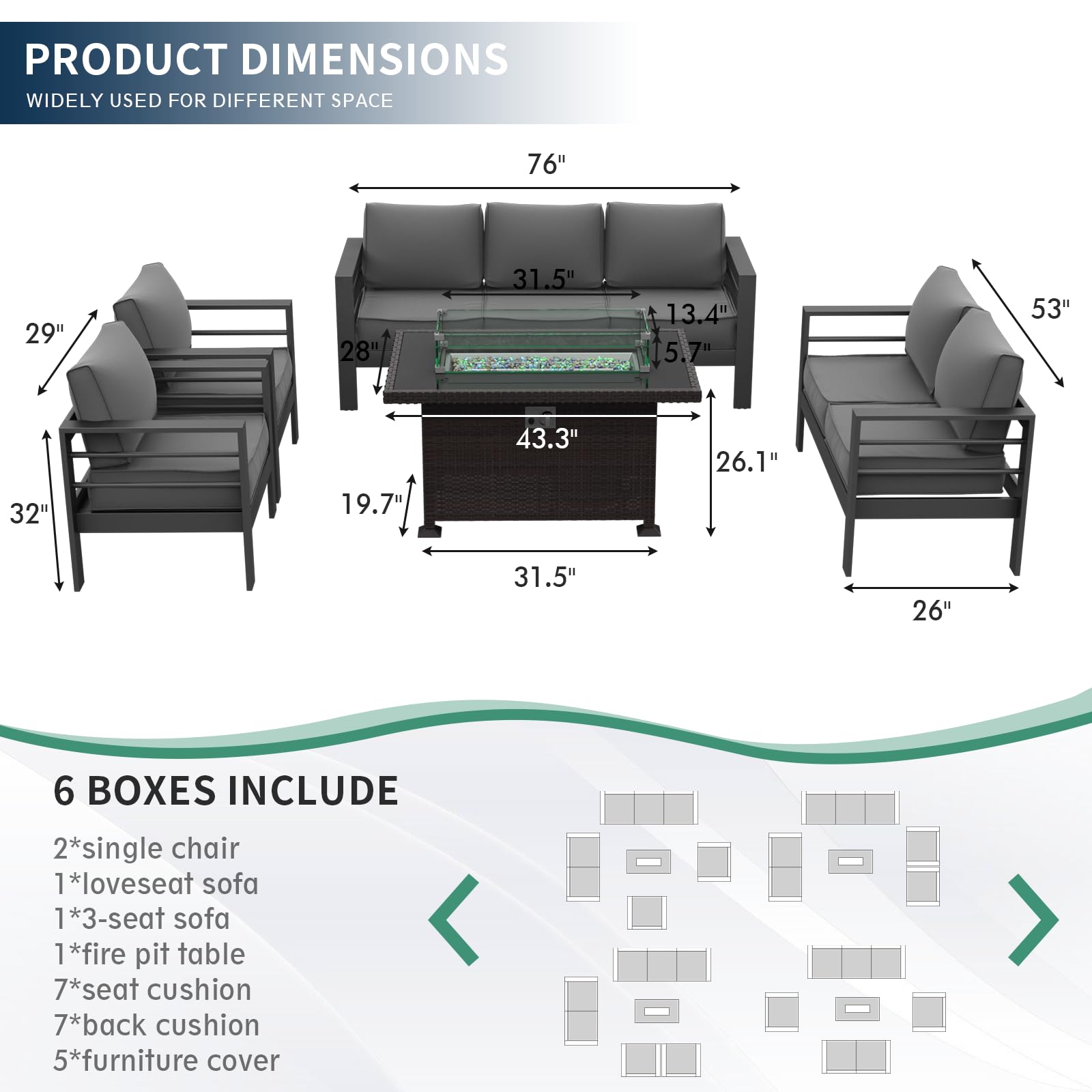 Amopatio Patio Furniture Set with Fire Pit Table, 8 Pcs Aluminum Outdoor Sectional Metal Modern Patio Sofa Sets, 44" Gas Fire Pit Conversation Set for Yard, Dark Grey(Included Waterproof Cove - WoodArtSupply