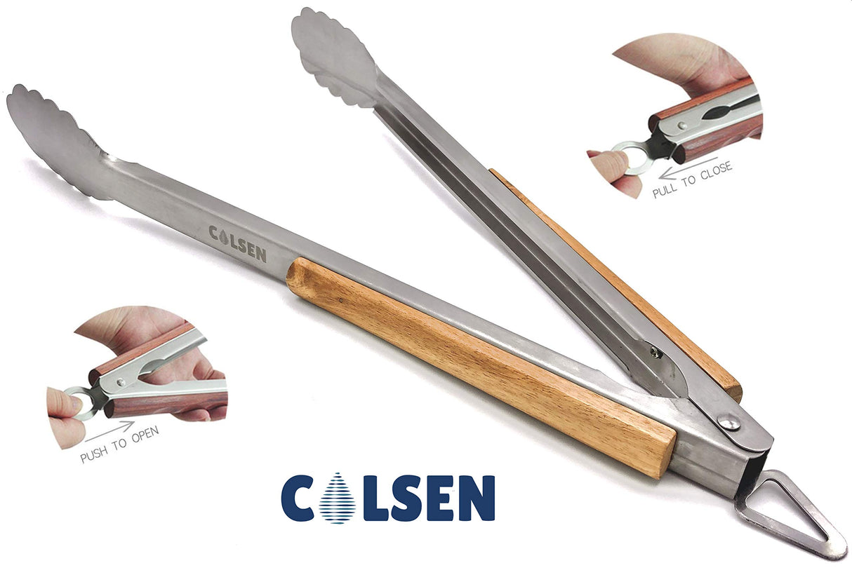 COLSEN Heavy Duty 3-Piece BBQ Grilling Tool Set, Stainless Steel Tongs, Spatula, & Fork, Kitchen Utensils Set, Camping Accessories, Brown colsen