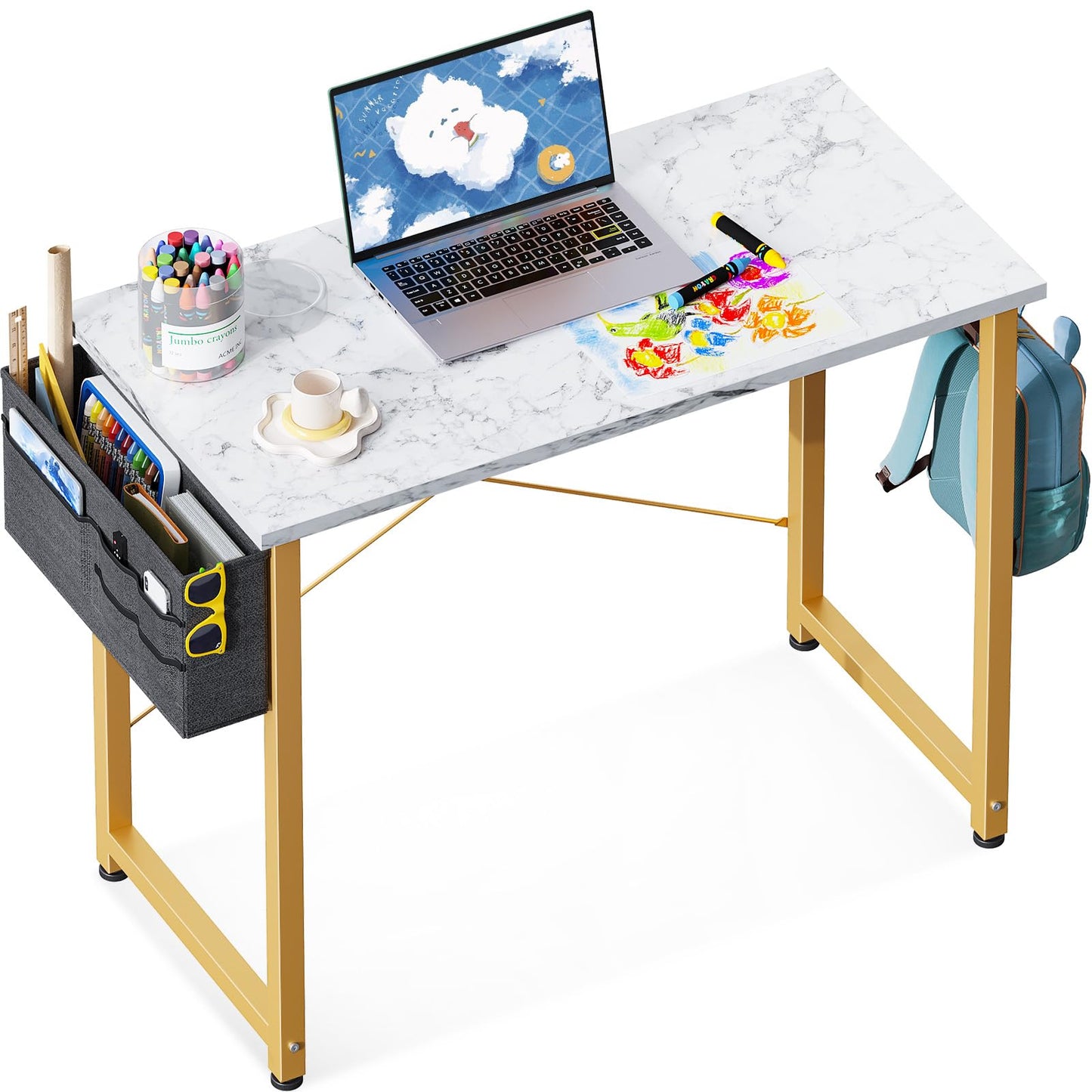 ODK Laptop Desk Study Desk, 32 Inch Small Desk, Writing Desk with Storage, Work Table with Headphone Hook for Small Space Home Office, White Marble + Gold Leg - WoodArtSupply