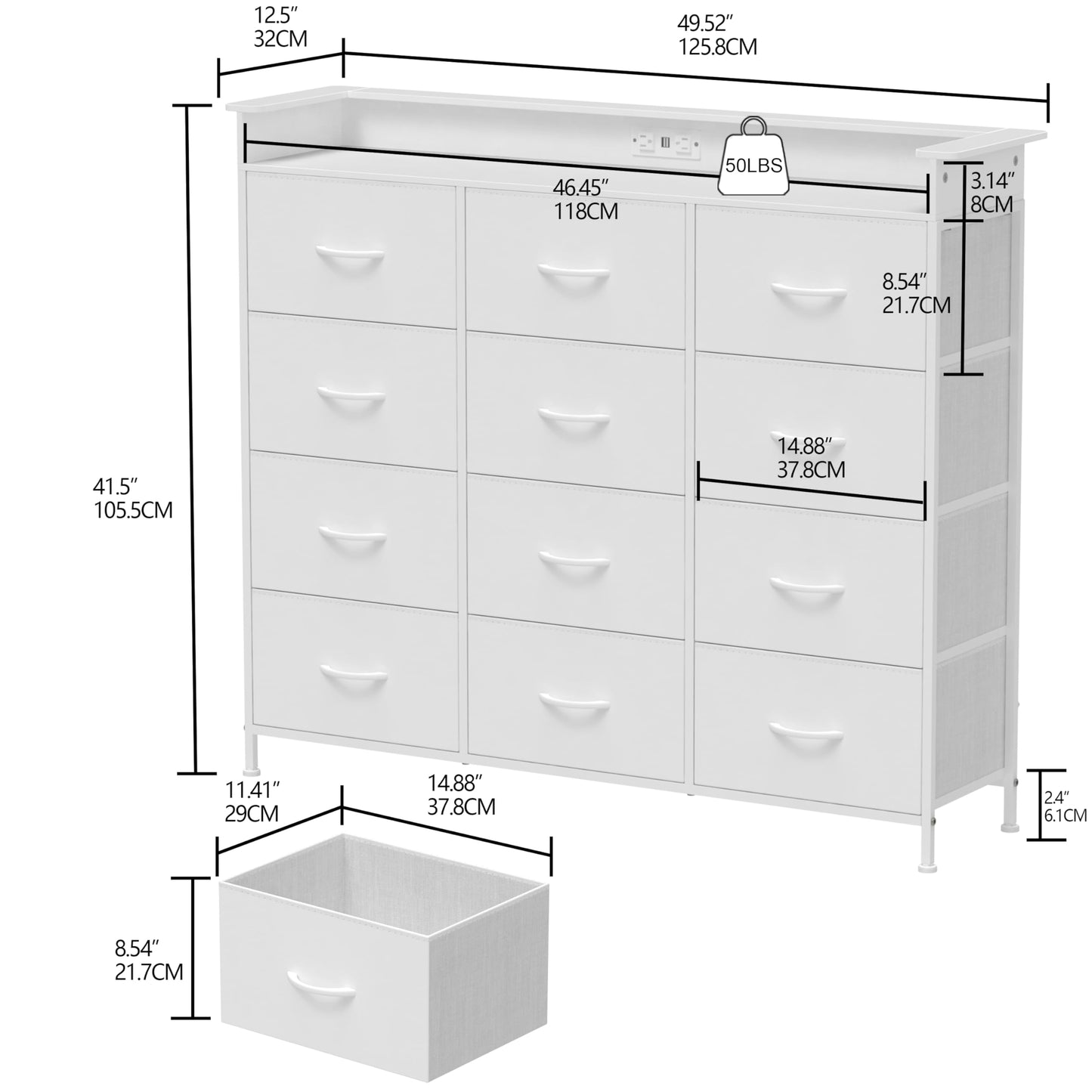 Welfuturer White Dresser with LED Lights and Charging Station for Bedroom 12 Drawers Dressers & Chest of Drawers Tall Dressers for Hallway Entryway Closets Living Rom Sturdy Steel Frame Wood  - WoodArtSupply