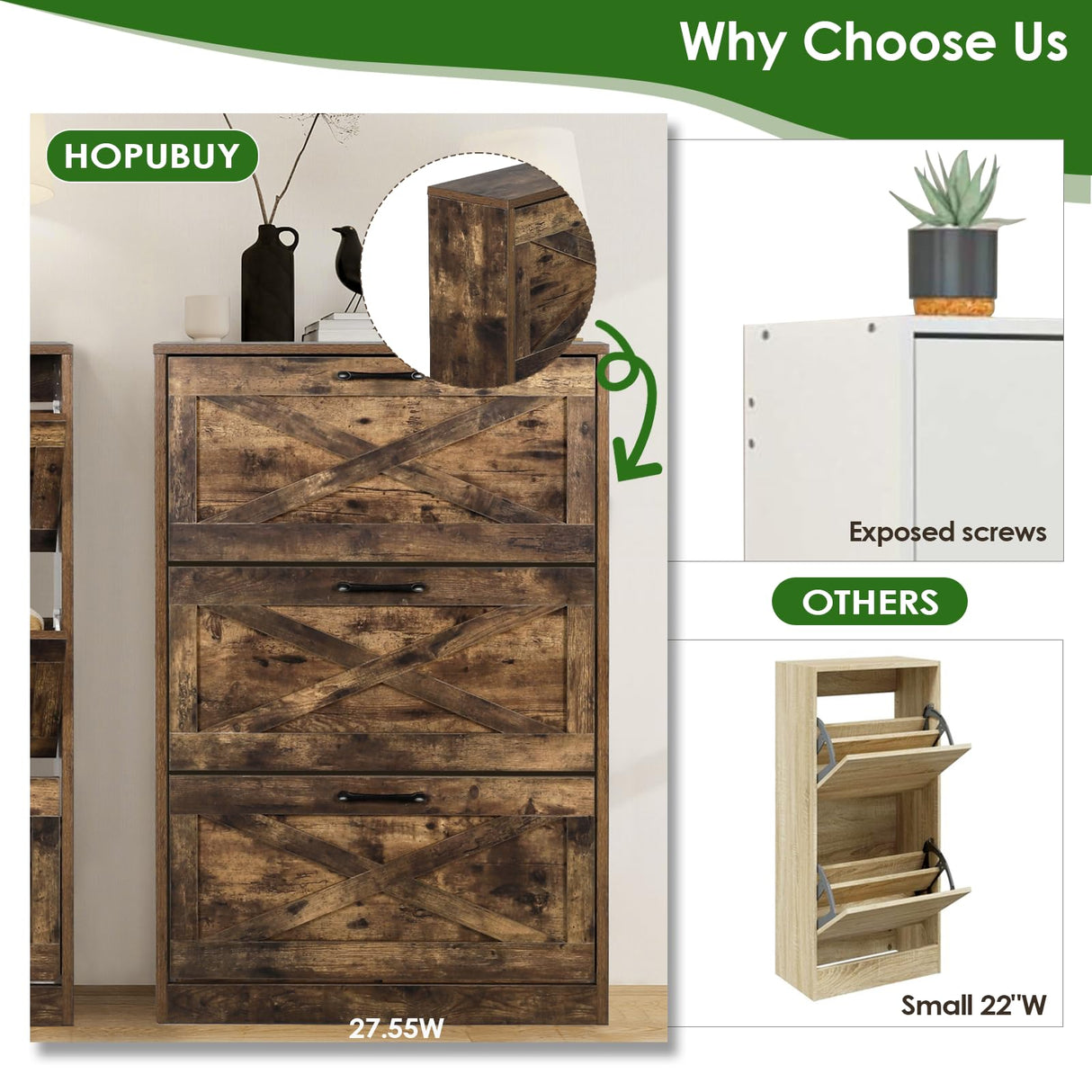 HOPUBUY Shoe Cabinet for Entryway, Shoe Storage Cabinet with 3 Flip Drawers, Narrow Shoe Rack for Front Door Entrance, Rustic Brown HOPUBUY