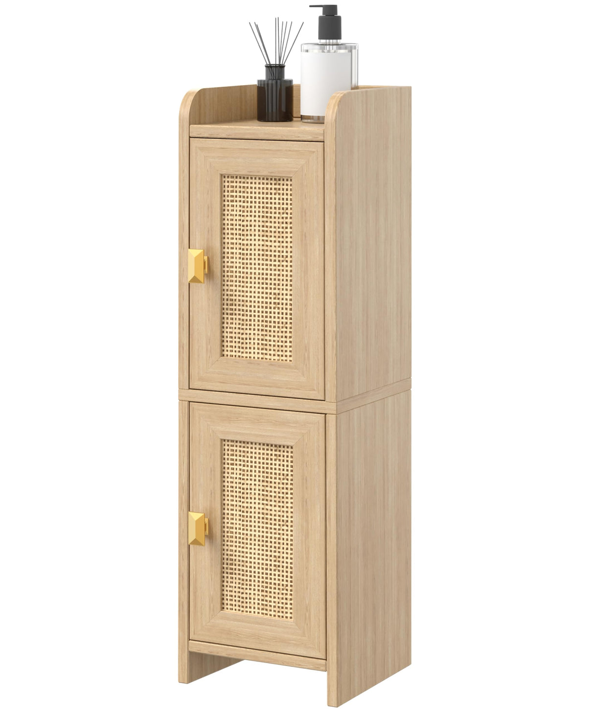 Akxomel Rattan Small Bathroom Cabinet with 2 Doors, Narrow Toilet Paper Storage Cabinet, Bathroom Organizer for Small Spaces, Wooden Slim Corner Floor Unit with Adjustable Shelves, Natural Oak Akxomel