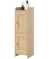 Akxomel Rattan Small Bathroom Cabinet with 2 Doors, Narrow Toilet Paper Storage Cabinet, Bathroom Organizer for Small Spaces, Wooden Slim Corner Floor Unit with Adjustable Shelves, Natural Oak Akxomel