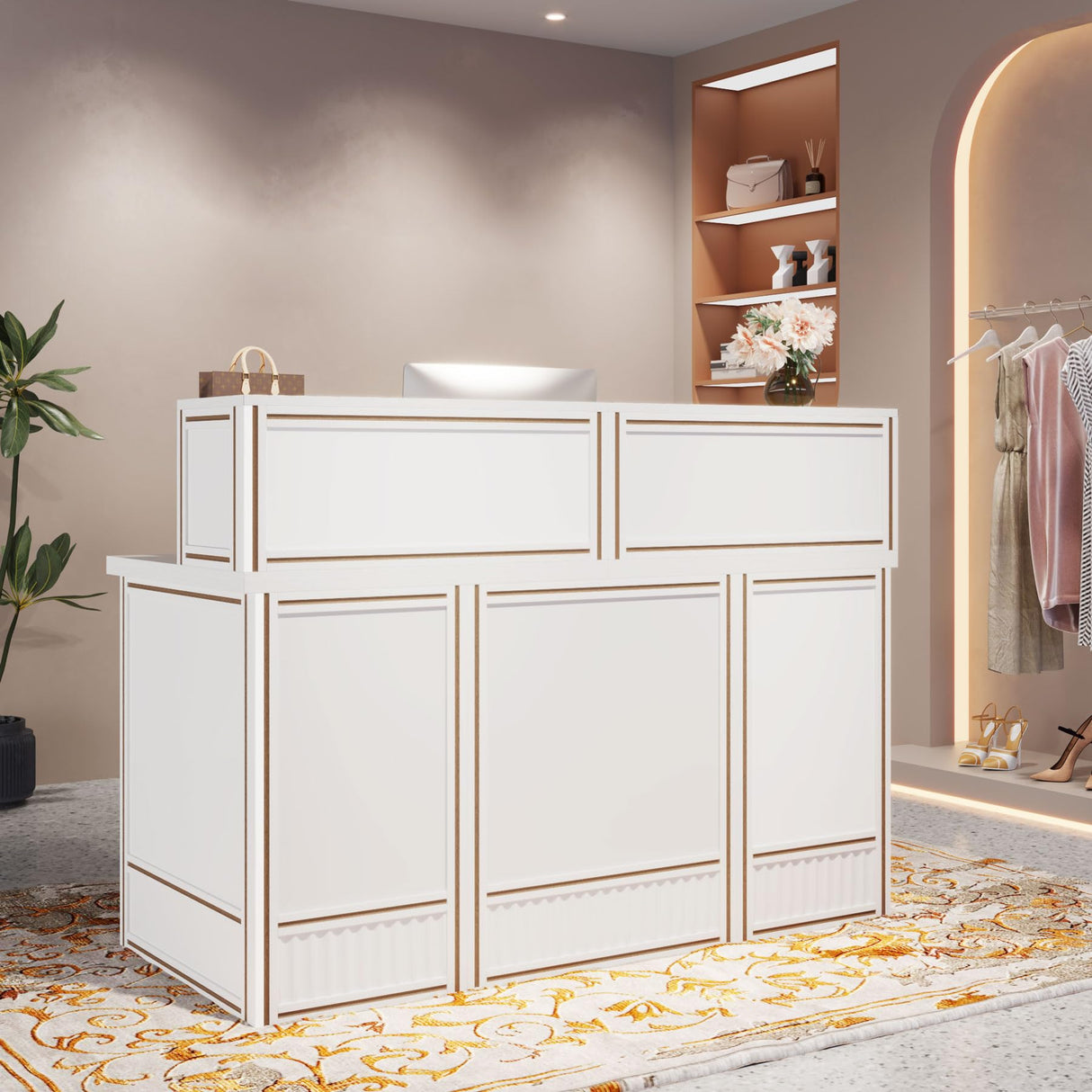 Tribesigns Reception Desk with Counter, 57-Inch Rustic Front Receptionist Table, Boho Welcome Desk Checkout Counter for Office, Retail, Lobby, Beauty Salon (White) Tribesigns