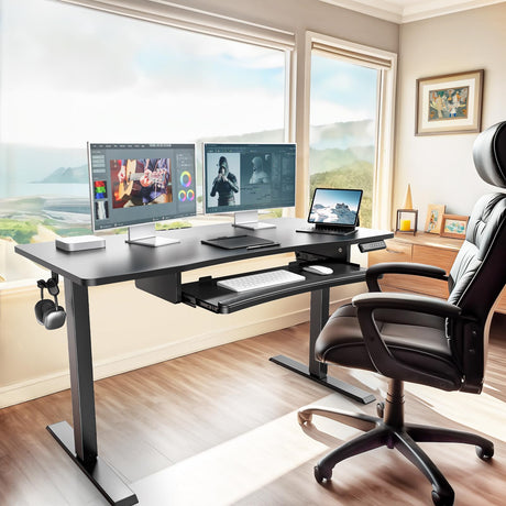 HUANUO 48" x 24" Electric Standing Desk with Large Keyboard Tray(26.7"), Adjustable Height Stand Up Desk for Home Office, 4 Memory Height Settings, 2 Headphone Hooks, Computer Workstation, Black HUANUO