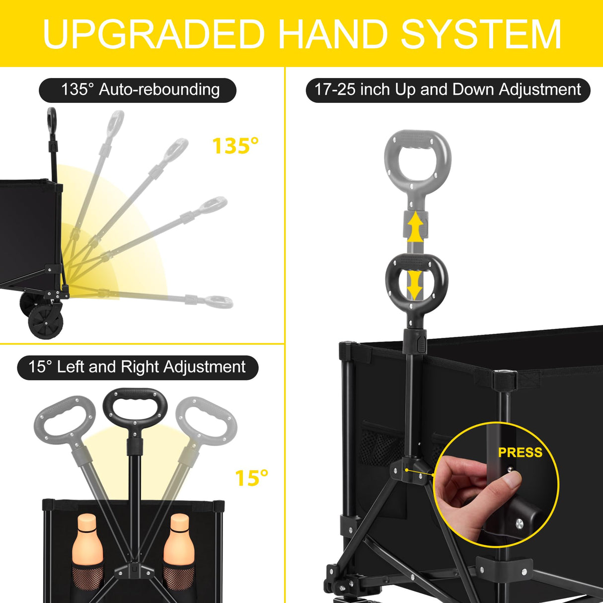 Ladkou Collapsible Foldable Wagon, Heavy Duty Beach Wagon Cart with 140L Capacity and 220LBS Load, Portable Utility Grocery Wagon for Outdoor Camping Garden, Black Ladkou