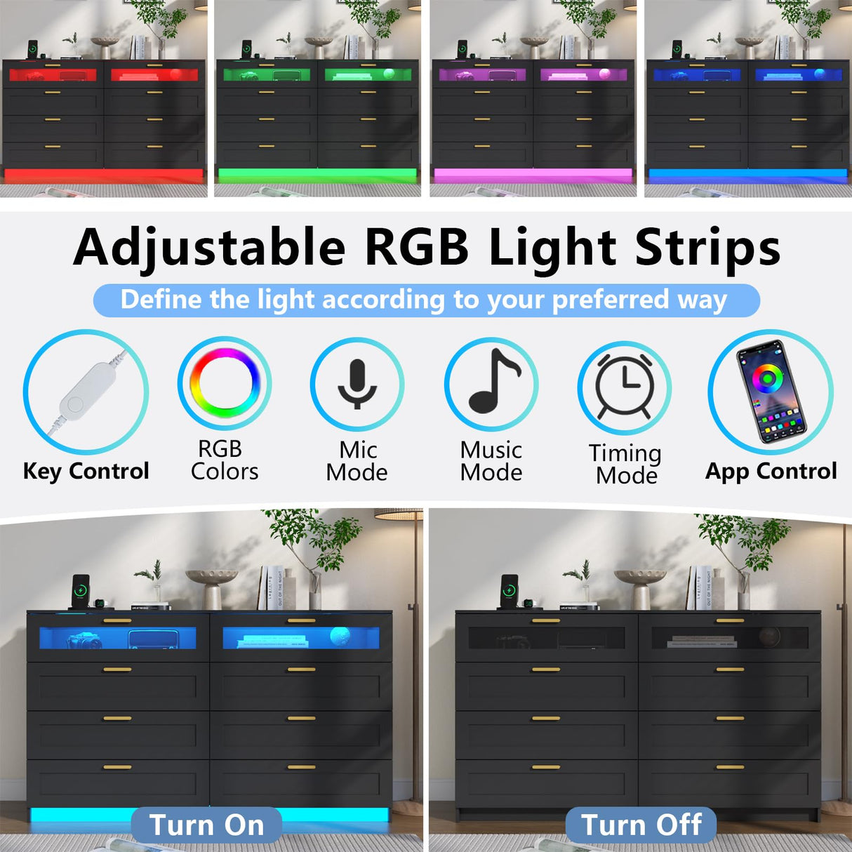 8 Drawers Dresser with Charging Station, White Dresser for Bedroom with LED Lights, Modern Chest of Drawers for Closet, Double Wide Dresser Organizer for Bedroom, Living Room, Entryway (Black) Gyfimoie