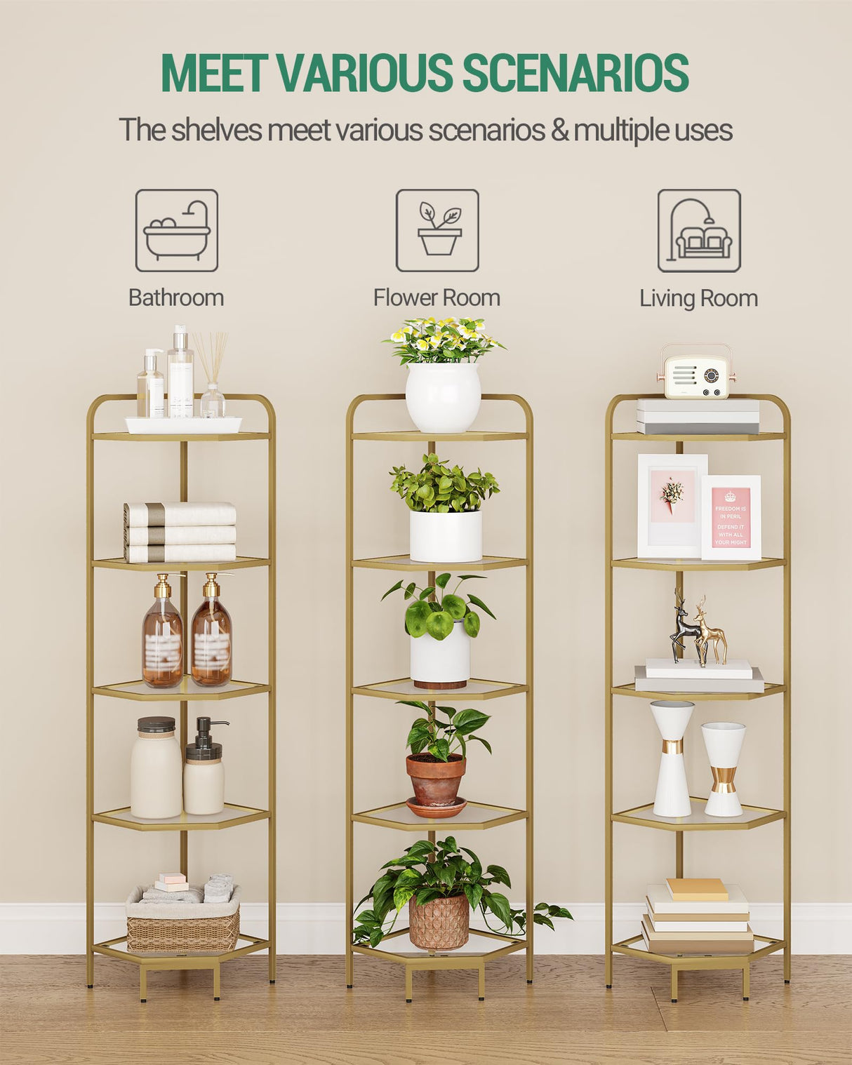 Hzuaneri Corner Shelf Stand, Glass Bookshelf Bookcase, Bathroom Organizer, Plant Stand, Steel Frame, Tempered Glass, Modern Style for Living Room, Bathroom, Kitchen, 5-Tier Golden CS90200G Hzuaneri