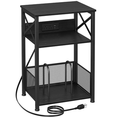 AMHANCIBLE Record Player Stand with Charging Station, Turntable Stand with Storage Cabinet, 3 Tier End Table Hold Up to 100 Albums, Record Stand for Vinyl, Living Room, Black, HETCD01BK-1