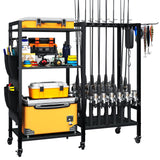 TC-HOMENY 16-Rod Fishing Rod Holder for Garage, Fishing Pole Rack Cart Fit All Fishing Rods, 3 Tier Fishing Tackle Storage Organizer Rack with Storage Bag, For Living Room TC-HOMENY