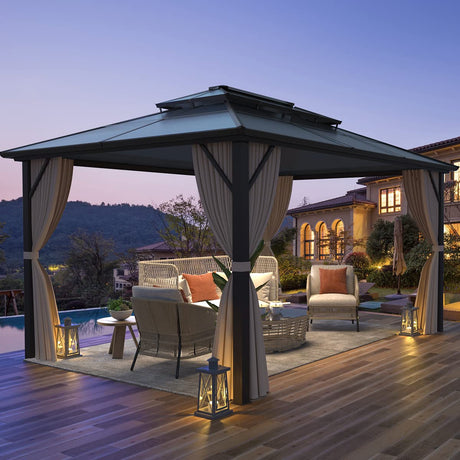 MELLCOM 10'x13' Hardtop Gazebo with Polycarbonate Double Roof, Aluminum Frame Outdoor Gazebo Permanent Pavilion with Curtains and Netting for Patio, Lawn & Garden MELLCOM