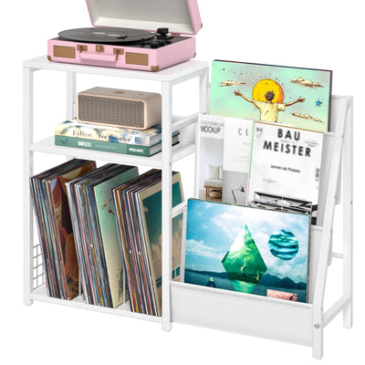 LELELINKY Record Player Table,Turntable Shelf with Vinyl Storage Up to 150 Albums,White Side Table with 3 Tier Magazine Periodical Book Rack,Wide Metal Record Holder Cabinet for Room Office