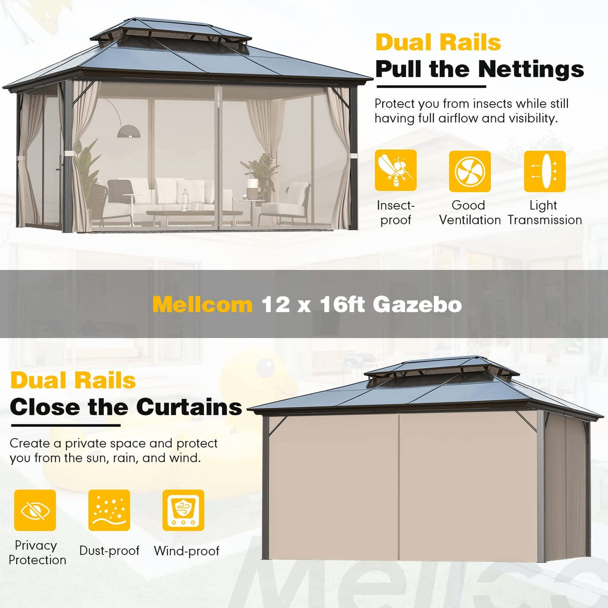 MELLCOM 12x16ft Outdoor Polycarbonate Double Hardtop Roof Gazebo, Aluminum Furniture Gazebo Canopy with Netting and Curtains for Garden, Patio, Lawns, Party and Deck MELLCOM