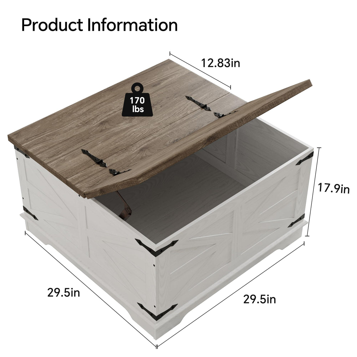 Farmhouse Coffee Table, Heavy-Duty Coffee Table with Storage, Square Wood Center Table Set for Living Room with Pull Up Large Hidden Storage Compartment, Maple White senlin