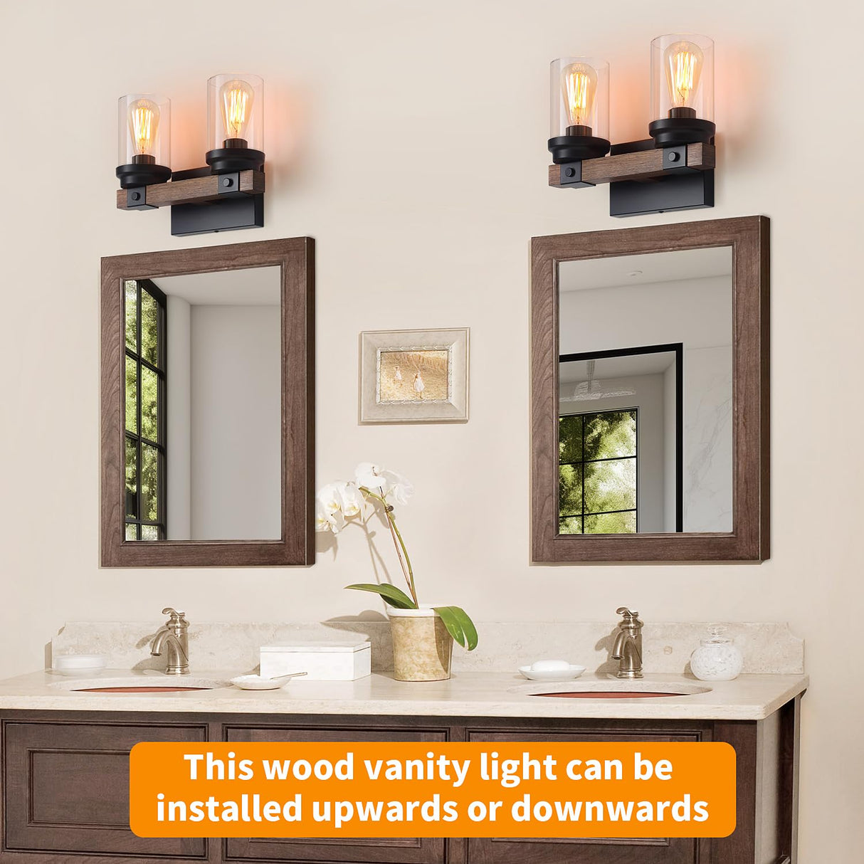 Farmhouse Wood Vanity Light, 2-Lights Bathroom Vanity Light, Rustic Black Bathroom Lighting Fixtures Over Mirror, Vintage Industrial Wall Sconces with Durable Glass Shade ZSMIHDOH