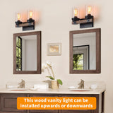 Farmhouse Wood Vanity Light, 2-Lights Bathroom Vanity Light, Rustic Black Bathroom Lighting Fixtures Over Mirror, Vintage Industrial Wall Sconces with Durable Glass Shade ZSMIHDOH