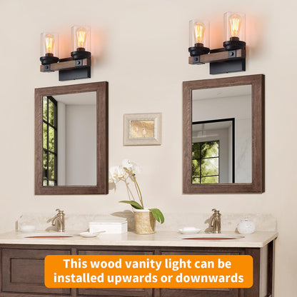 Farmhouse Wood Vanity Light, 2-Lights Bathroom Vanity Light, Rustic Black Bathroom Lighting Fixtures Over Mirror, Vintage Industrial Wall Sconces with Durable Glass Shade - WoodArtSupply