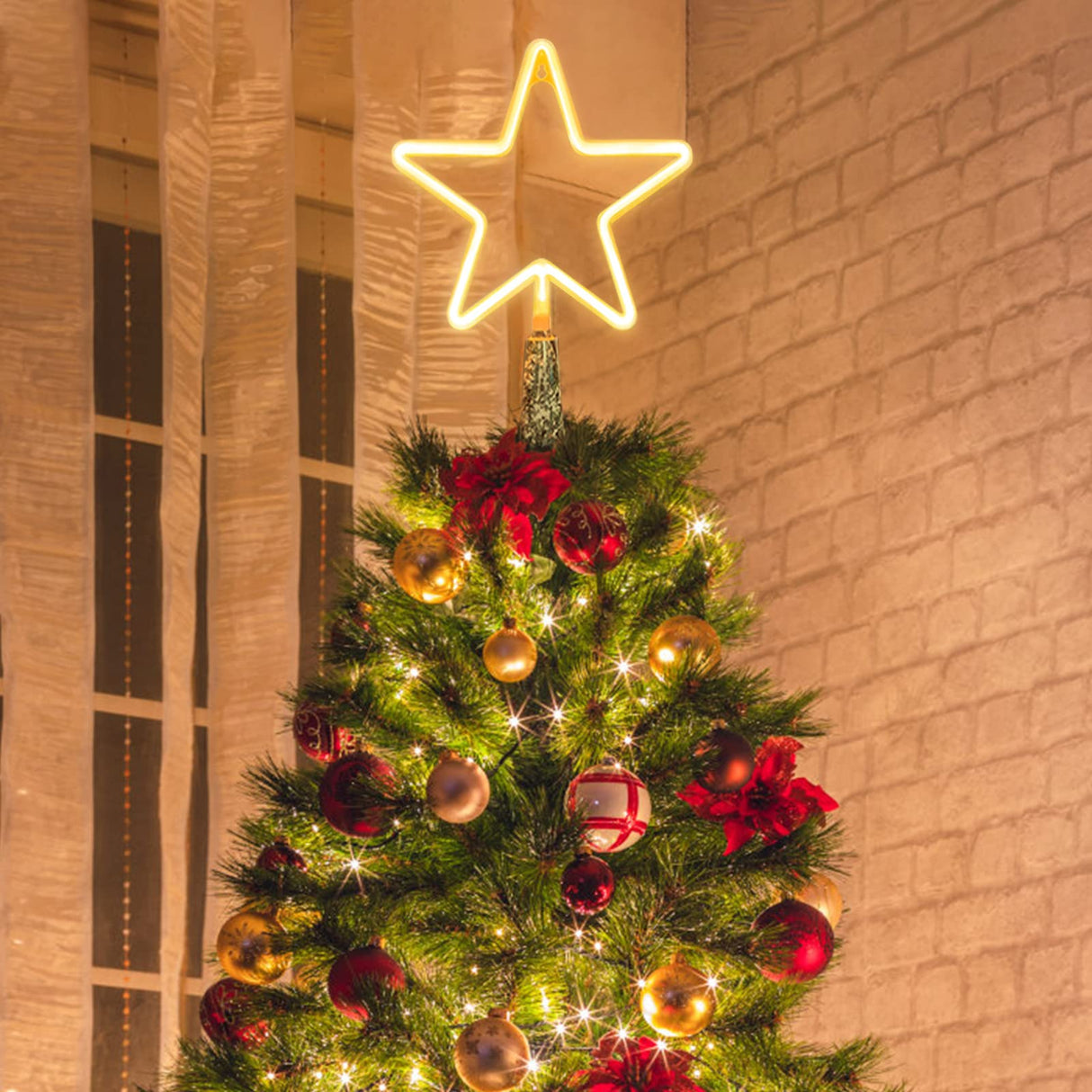 KOUPA 14.5-Inch Christmas Tree Topper Large 5 Point Star Treetop with LED Warm White Lights for Xmas Ornaments and Holiday Seasonal Tree Decorations KOUPA