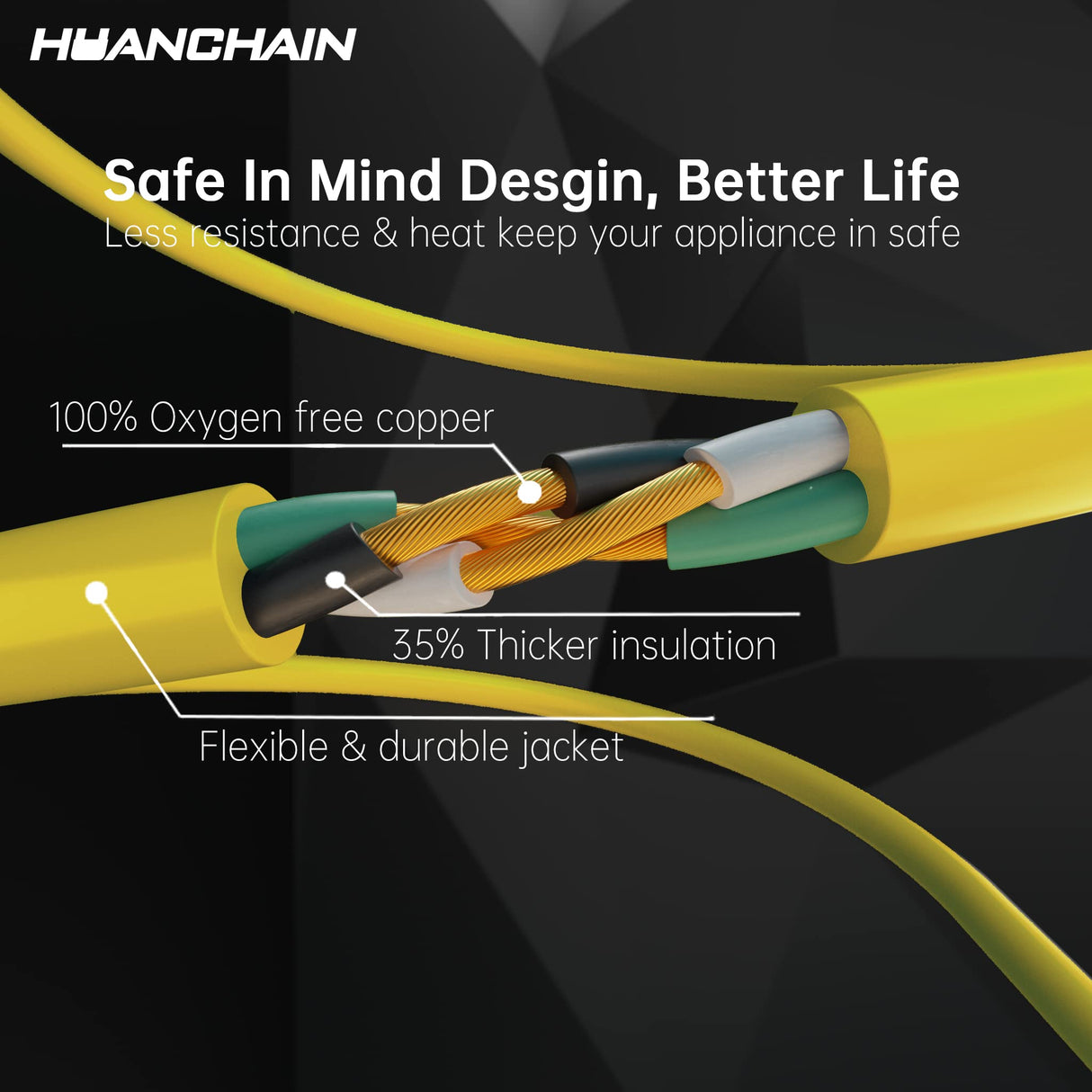 HUANCHAIN Indoor Outdoor Extension Cord 50 ft Waterproof, 16/3 Gauge Flexible Cold-Resistant Appliance Extension Cord Outside, 13A 1625W 16AWG SJTW, 3 Prong Heavy Duty Electric Cord Yellow, ETL huanchain