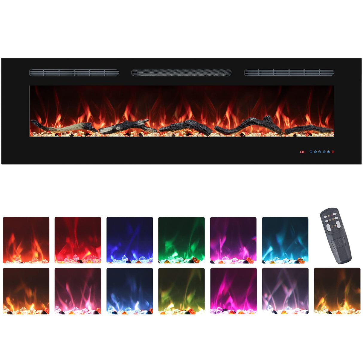 72" Electric Fireplaces Inserts, Recessed & Wall-Mounted Fireplace Heater with Thermostat, Multicolor Flames,Timer, Log & Crystal, 750/1500W VINEMOUNT