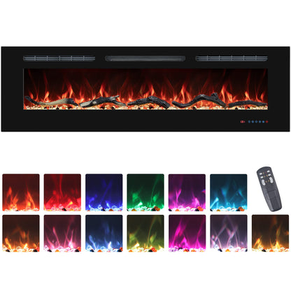 72" Electric Fireplaces Inserts, Recessed & Wall-Mounted Fireplace Heater with Thermostat, Multicolor Flames,Timer, Log & Crystal, 750/1500W