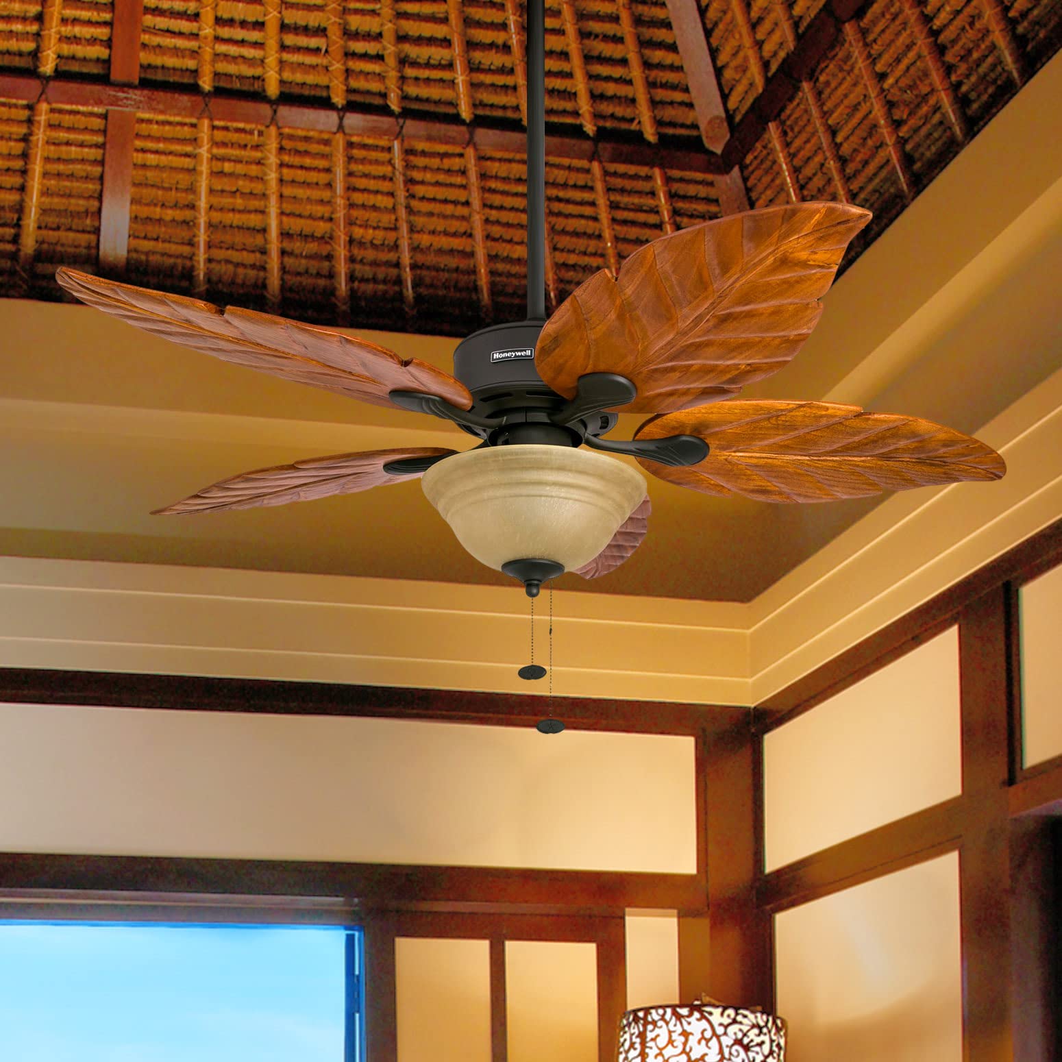 Honeywell Ceiling Fans Royal Palm, 52 Inch Tropical LED Ceiling Fan with Light, Pull Chain, Three Mounting Options, Hand Carved Solid Wood Blades - 50204-01 (Bronze) - WoodArtSupply