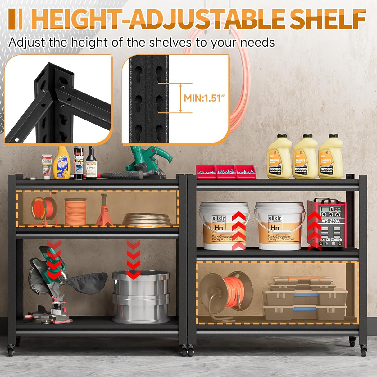 Firstsky Metal Garage Work Bench with Wheels,3-Tier Garage Roling Workbench,Adjustable Black Workshop Bench,Mobile Garage Workstation,Heavy Duty Work Table,33.5''W*17.7''D*31.5”H Tool Table On Wheels Firstsky