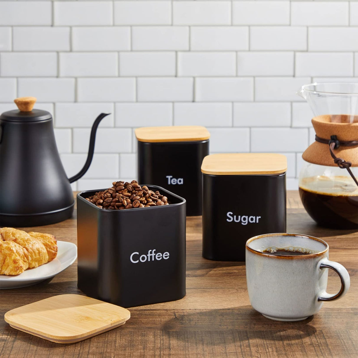 Juvale Set of 2 Black Flour and Sugar Canisters for Kitchen, Iron Containers for Storage (40 oz, 4.5 x 6 In) Juvale