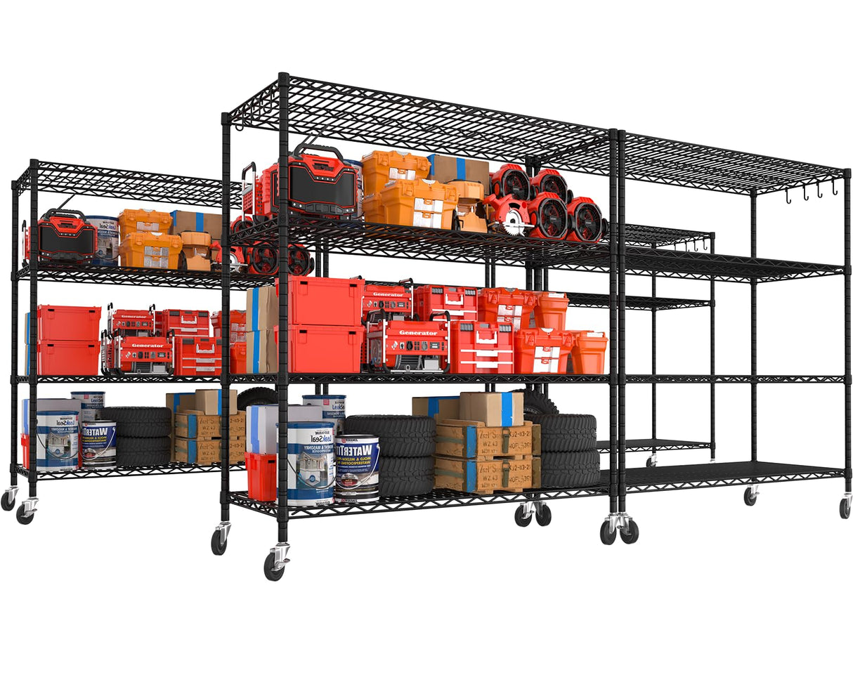 PrimeZone 5 Packs 55.5" W x 24" D x 80" H Heavy Duty Wire Storage Shelves with Wheels, 4 Tier Adjustable NSF Certified Garage Shelving Unit, Rolling Metal Organizer Shelf Rack for Warehouse, Pantry PrimeZone