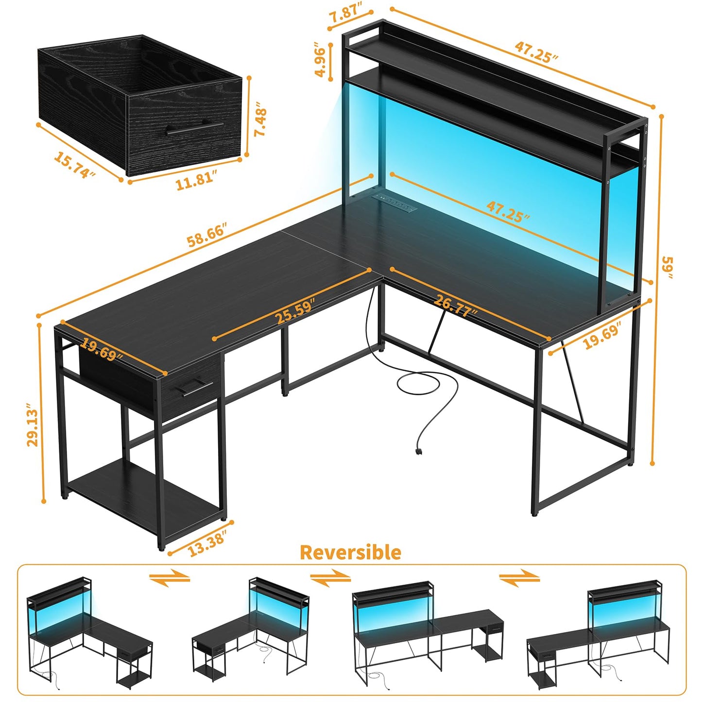 Bergoolin L Shaped Gaming Desk with LED Lights & Power Outlets, Reversible L Shape Computer Desk with Storage Drawer & Shelf,2 Person Home Office Corner Desk Black