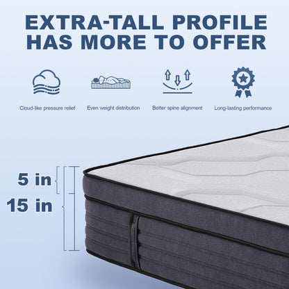 Suiforlun California King Mattress, 15 Inch Hybrid Charcoal Gel Memory Foam Mattress with Firm Edge Pocket Coils, Cooling Deep Sleep, Back Pain Relief, Fiberglassfree