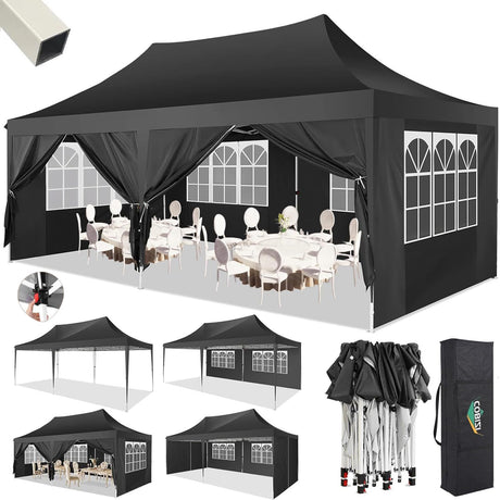 COBIZI 10x20 Pop Up Canopy with 6 Sidewalls,10x20 Canopy Tent Frame Upgraded with 3 Adjustable Heights,Waterproof UV50+ Outdoor Party Commercial Ez Up Gazebos with Carry Bag(10 x 20 ft Black) COBIZI