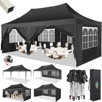 COBIZI 10x20 Pop Up Canopy with 6 Sidewalls,10x20 Canopy Tent Frame Upgraded with 3 Adjustable Heights,Waterproof UV50+ Outdoor Party Commercial Ez Up Gazebos with Carry Bag(10 x 20 ft Black)