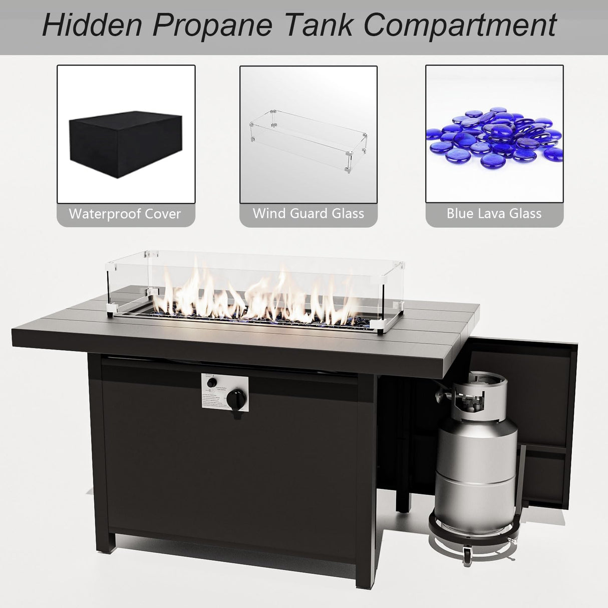 ALAULM Aluminum Patio Furniture Set with Propane Fire Pit Table 5-seat Metal Outdoor Furniture w/Fire Pit Patio Sectional Sofas w/5.3" Cushions for Patio, Backyard, Poolside-Dark Blue ALAULM