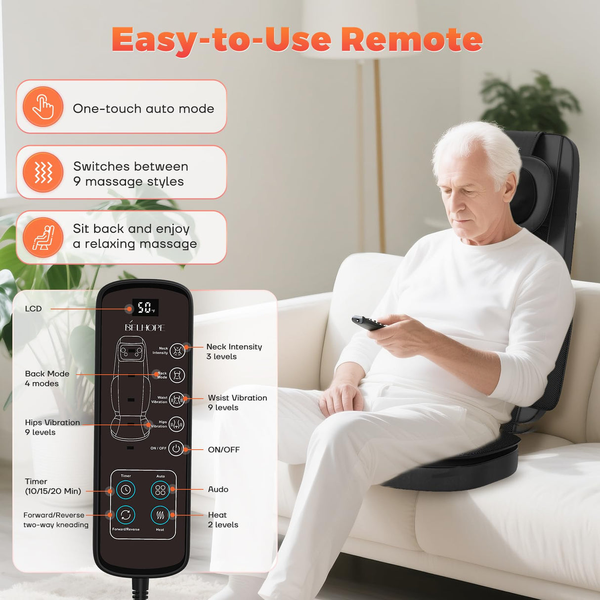 Shiatsu Neck and Back Massager with Heat, 4D Kneading Back Massager for Pain Relief Deep Tissue, Comfortable Back Massage for Chair, Massager for Home Office, Gifts for Women Men Parents Christmas belhope