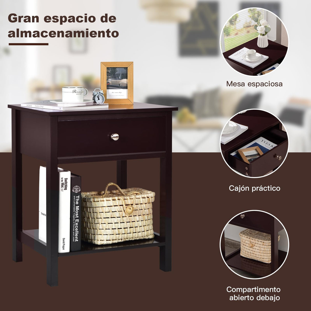 Giantex Nightstand, Wood End Table with Drawer and Open Shelf, Night Stand for Small Spaces, 2-Tier Bedside Table for Living Room Bedroom Dorm, Easy Assembly, Brown Giantex