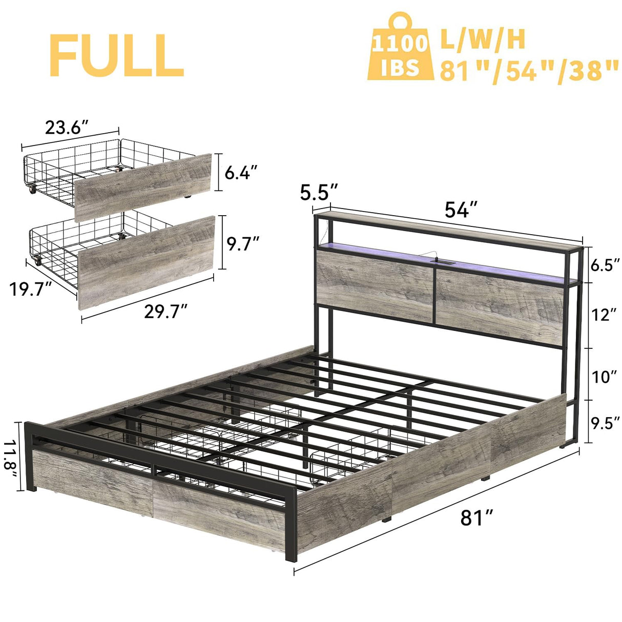 HAUSOURCE Full Size LED Bed Frame with Headboard, 4 Storage Drawers & Integrated USB Ports HAUSOURCE