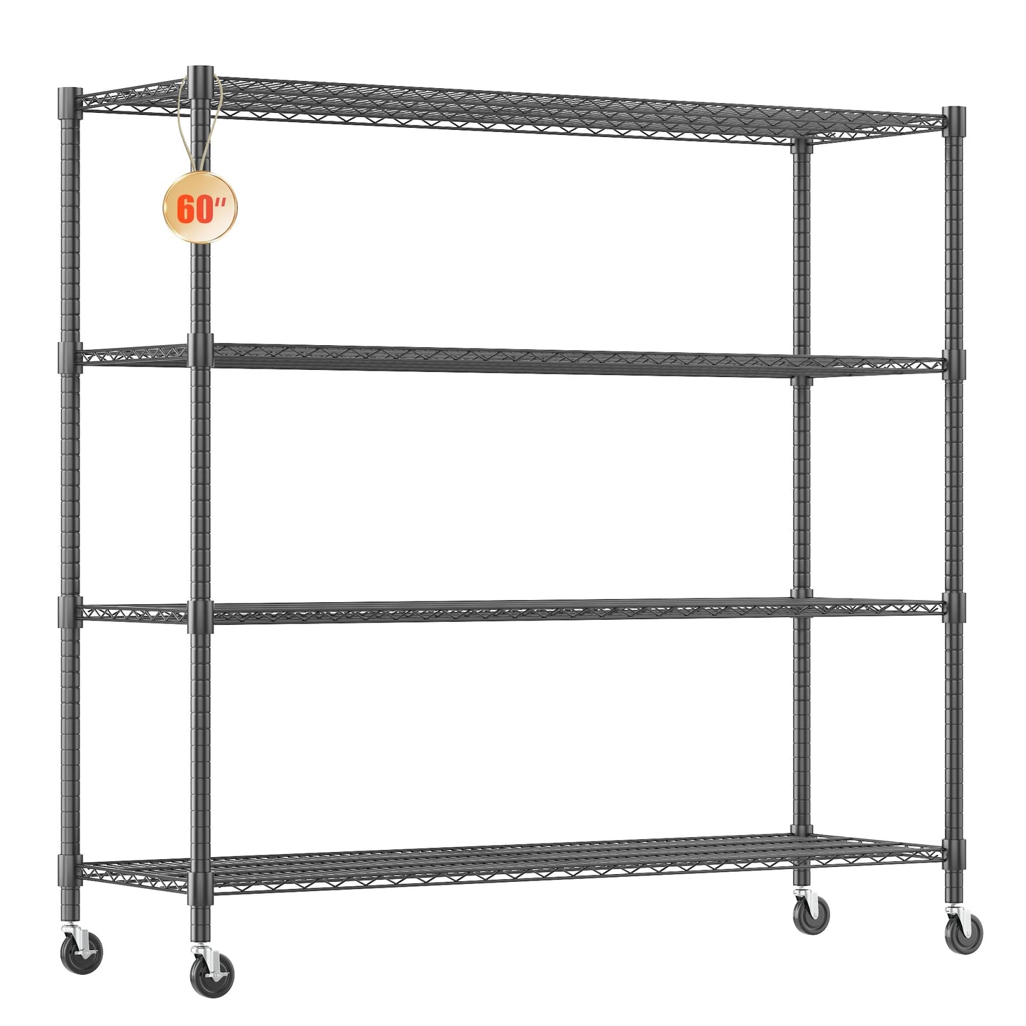 Homdox 60”W Storage Shelves, 4 Tier Heavy Duty Wire Shelving Unit with Wheels, 2400LBS Commercial Adjustable Metal Shelves for Storage, Garage Rack Pantry Shelves Kitchen Shelving, 24"x60"x72", Black