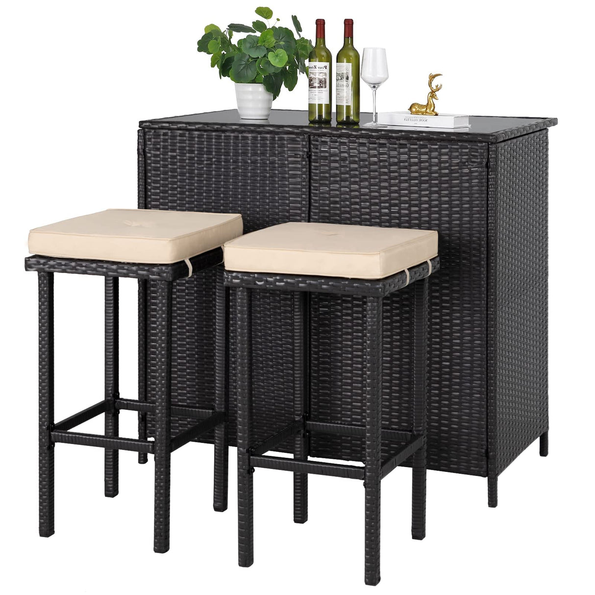 Patiomore 3-Piece Patio Outdoor Bar Set with Two Stools and Glass Top Table Patio Brown Wicker Furniture with Removable Cushions for Backyards, Porches, Gardens or Poolside Patiomore