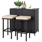 Patiomore 3-Piece Patio Outdoor Bar Set with Two Stools and Glass Top Table Patio Brown Wicker Furniture with Removable Cushions for Backyards, Porches, Gardens or Poolside Patiomore