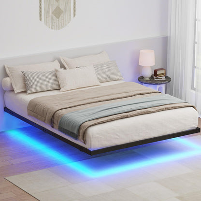 LUSIMO Queen Size Floating Bed Frame with LED Lights, Heavy-Duty Metal Platform and Underbed Storage - WoodArtSupply