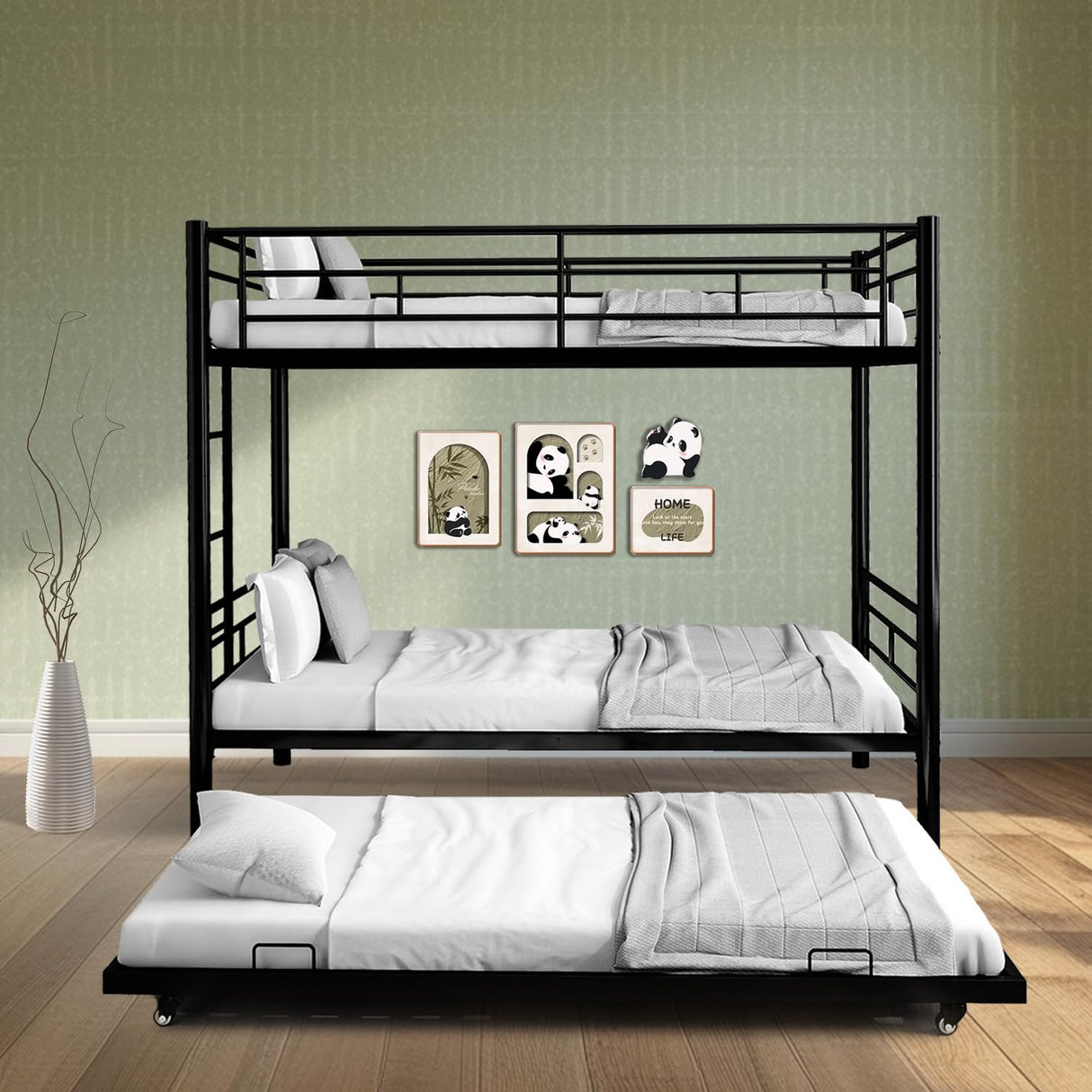 Twin Over Twin Bunk Bed with Trundle, Metal Bunk Beds with 2 Ladder and Guardrails, Convertible Triple Bunk Bed for Kids, Teens and Adults, No Box Spring Needed, Space Saving (Black) AYJOIR