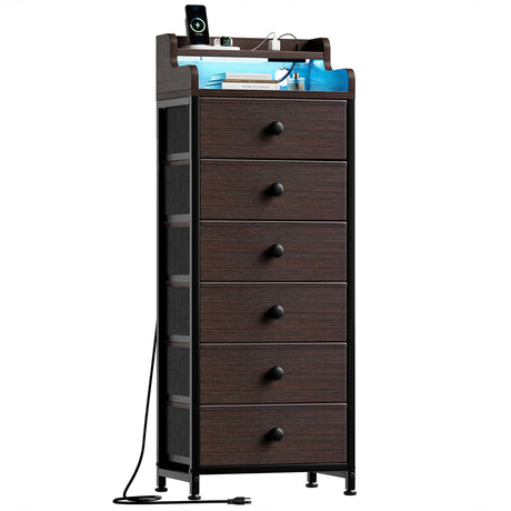 REAHOME Dresser for Bedroom with Charging Station and LED Lights, 6 Drawers Dresser Brown Chest of Drawers with Shelves, Tall Night Stand with Sturdy Steel Frame & Wood Top for Bedroom - Dark Brown REAHOME