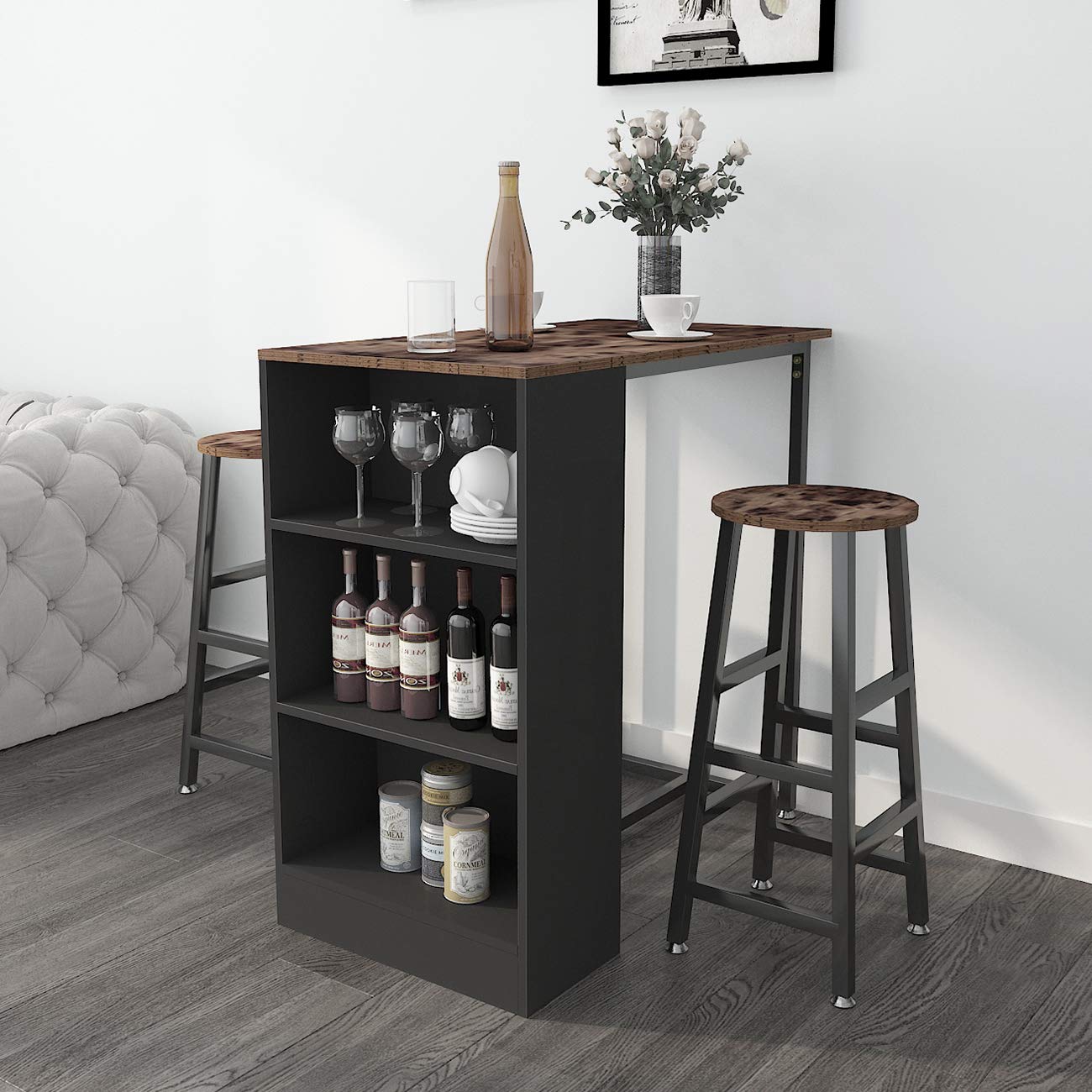 Sogesfurniture 3-Piece Brown Pub Bar Table Set with Stools and Storage Shelves