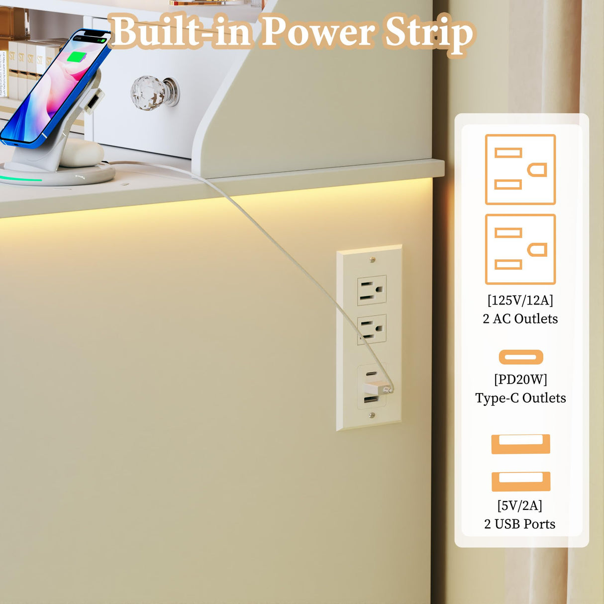 Vanity Desk with Mirror & Lights, 42‘’ Large Makeup Vanity with 2 RGB Jewelry Cabinets & 7 Drawers, White Vanity Table Set with Charging Station, Dressing Table with Lights Desk, 3 Light Modes ALEXNUTRE