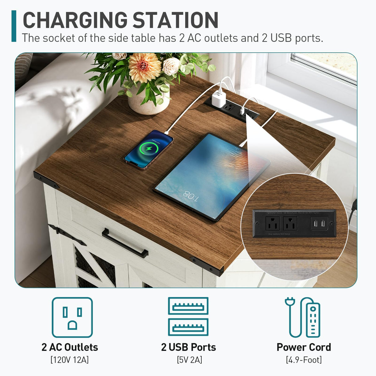 RALGEND White Farmhouse End Table with Charging Station, 24" Large Sofa Side Table with Drawer, Large End Table for Living Room, Wooden Nightstand with Outlet, Square, White and Walnut 66BZUWH RALGEND