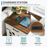 RALGEND White Farmhouse End Table with Charging Station, 24" Large Sofa Side Table with Drawer, Large End Table for Living Room, Wooden Nightstand with Outlet, Square, White and Walnut 66BZUWH RALGEND