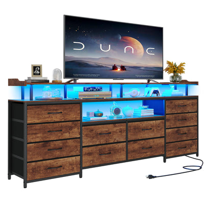 HAUOMS TV Stand Dresser for 65 Inch TV, 63" W Dresser with LED Lights & Power Outlets, Rustic Brown Long Dresser with 12 Fabric Drawers, Entertainment Center with Shelves,for Bedroom